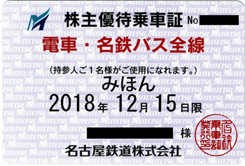 名鉄株主優待乗車証　2023/12/15